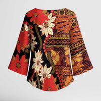 Hawaii Christmas Poinsettia Lei Kimono Sleeve Blouse Tapa Pattern LT01 - Polynesian Pride
