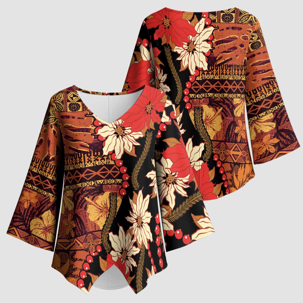 Hawaii Christmas Poinsettia Lei Kimono Sleeve Blouse Tapa Pattern LT01 - Polynesian Pride