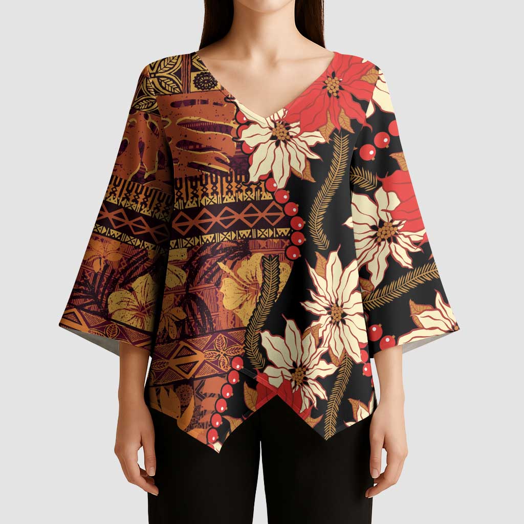 Hawaii Christmas Poinsettia Lei Kimono Sleeve Blouse Tapa Pattern LT01 - Polynesian Pride