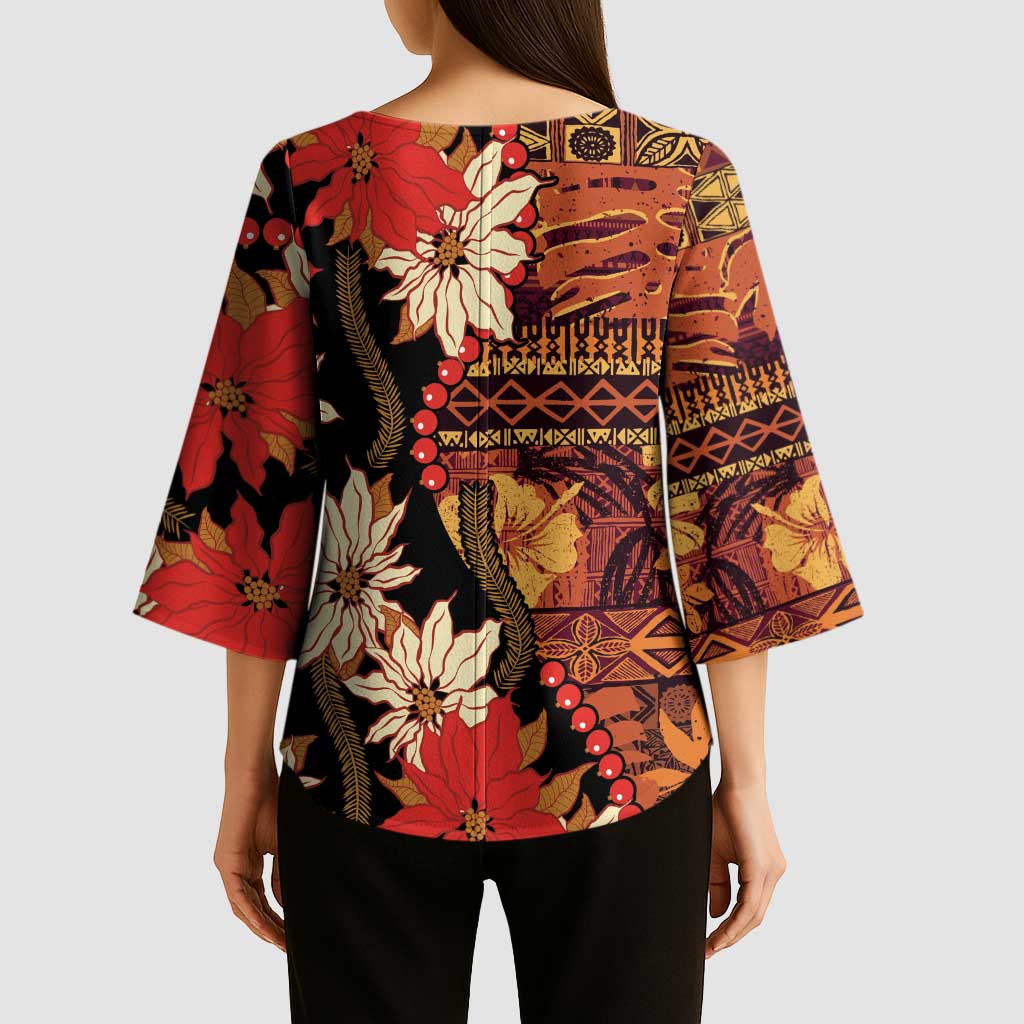 Hawaii Christmas Poinsettia Lei Kimono Sleeve Blouse Tapa Pattern LT01 - Polynesian Pride