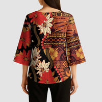 Hawaii Christmas Poinsettia Lei Kimono Sleeve Blouse Tapa Pattern LT01 - Polynesian Pride