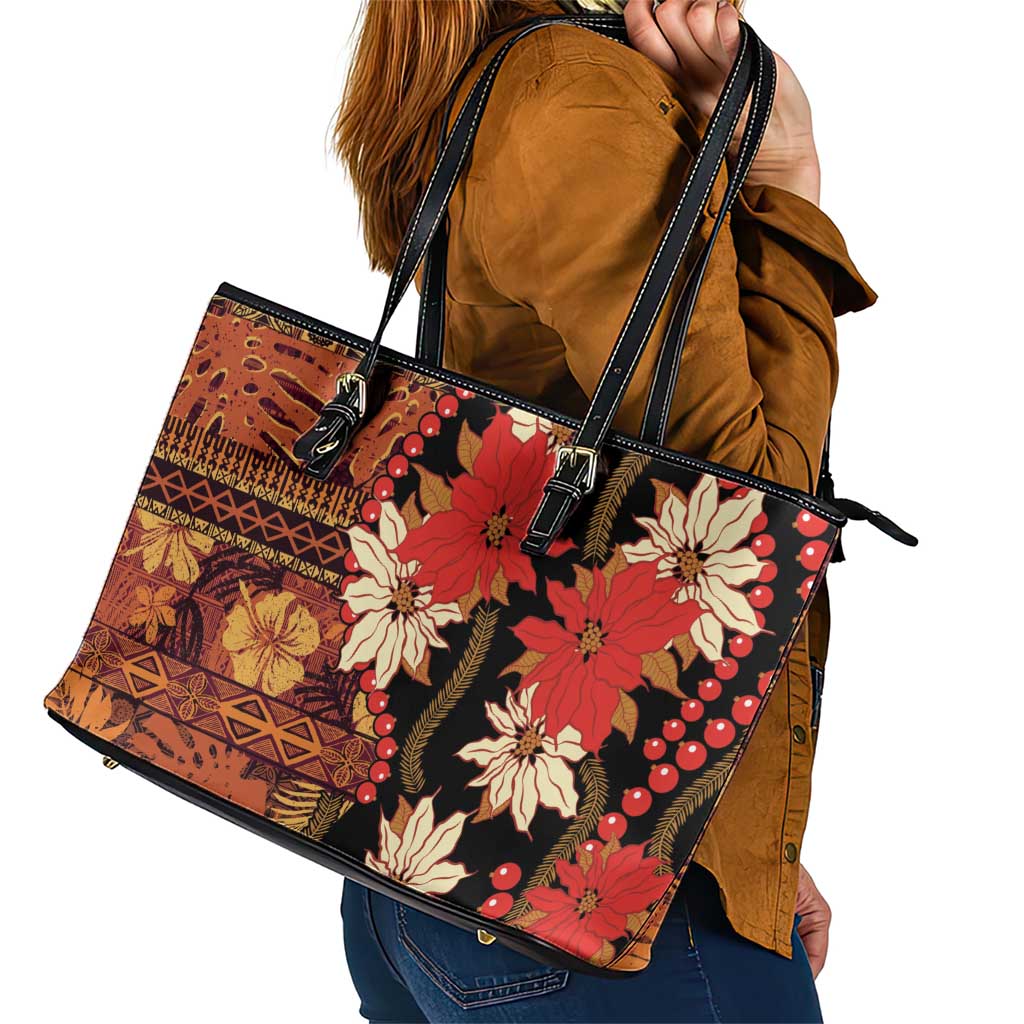 Hawaii Christmas Poinsettia Lei Leather Tote Bag Tapa Pattern LT01 - Polynesian Pride