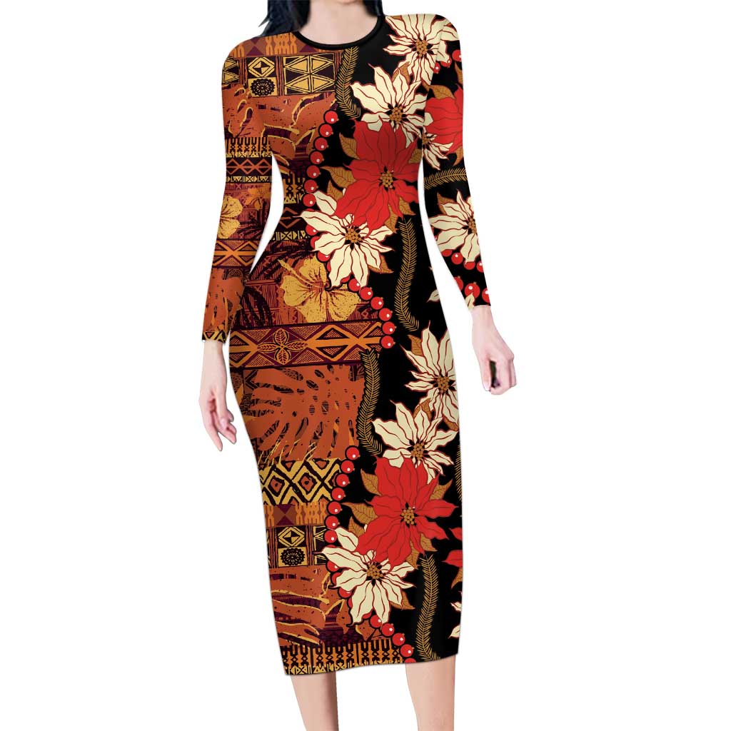 Hawaii Christmas Poinsettia Lei Long Sleeve Bodycon Dress Tapa Pattern LT01 Long Dress Brown - Polynesian Pride