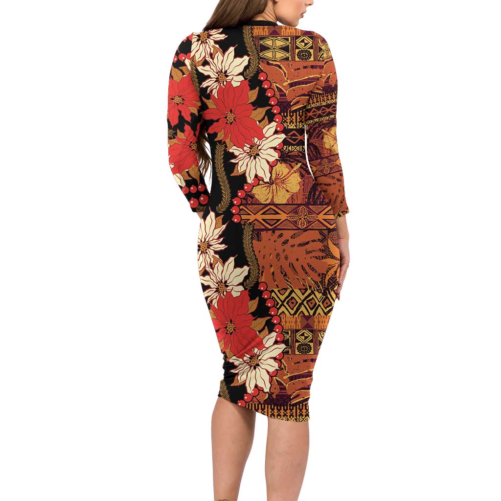 Hawaii Christmas Poinsettia Lei Long Sleeve Bodycon Dress Tapa Pattern LT01 - Polynesian Pride