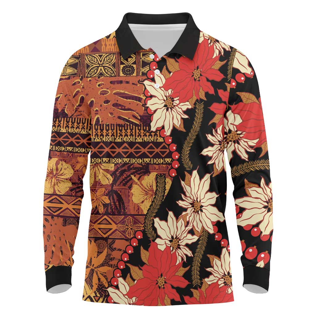 Hawaii Christmas Poinsettia Lei Long Sleeve Polo Shirt Tapa Pattern LT01 Brown - Polynesian Pride