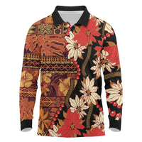 Hawaii Christmas Poinsettia Lei Long Sleeve Polo Shirt Tapa Pattern LT01 Brown - Polynesian Pride