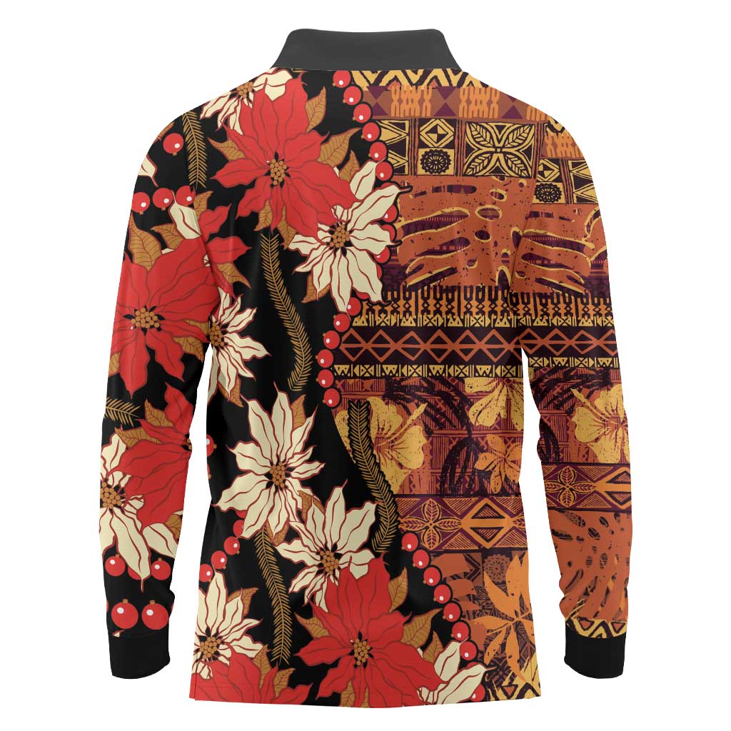 Hawaii Christmas Poinsettia Lei Long Sleeve Polo Shirt Tapa Pattern LT01 - Polynesian Pride