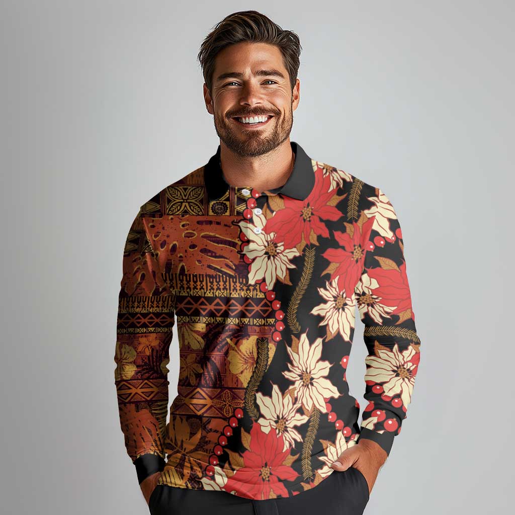 Hawaii Christmas Poinsettia Lei Long Sleeve Polo Shirt Tapa Pattern LT01 - Polynesian Pride