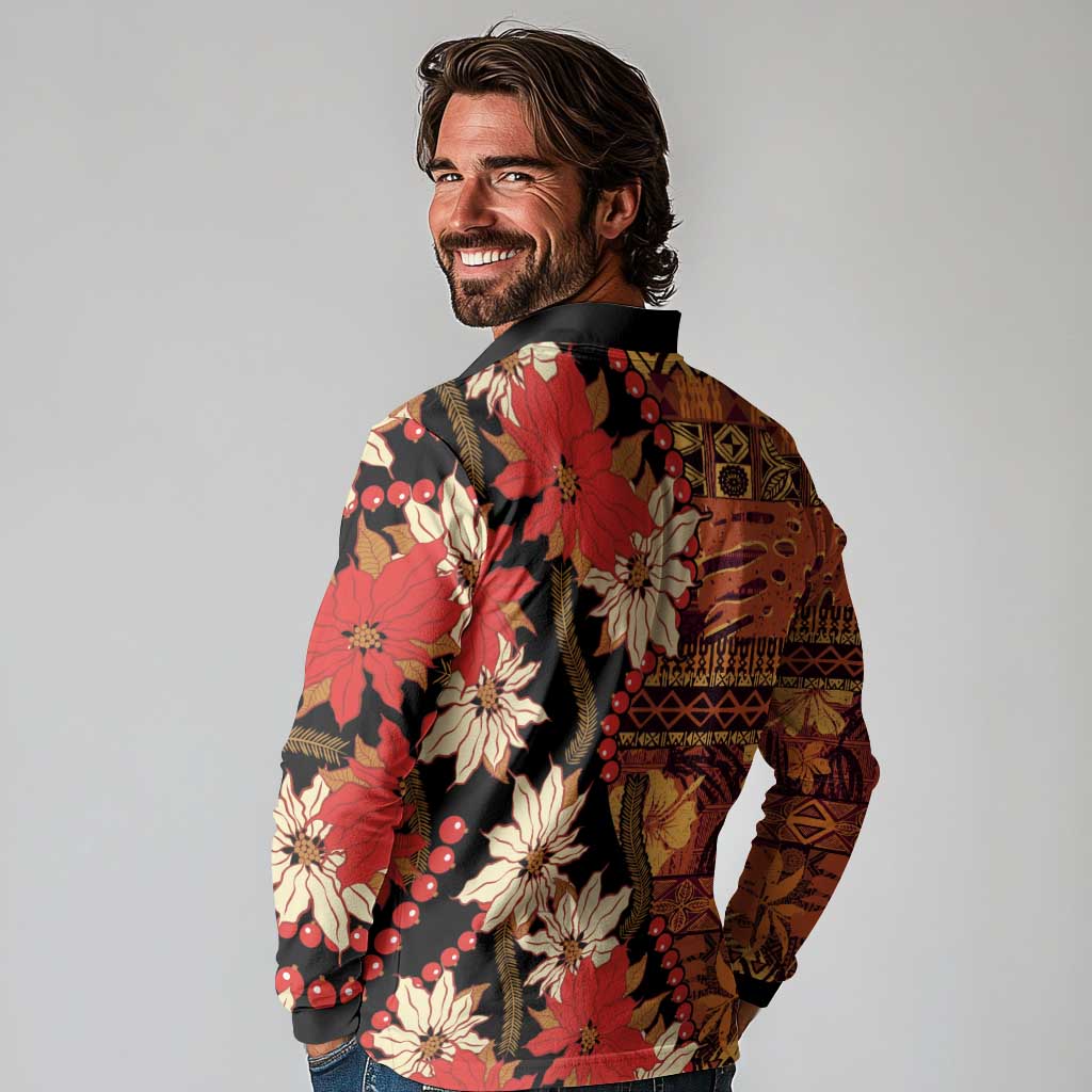 Hawaii Christmas Poinsettia Lei Long Sleeve Polo Shirt Tapa Pattern LT01 - Polynesian Pride