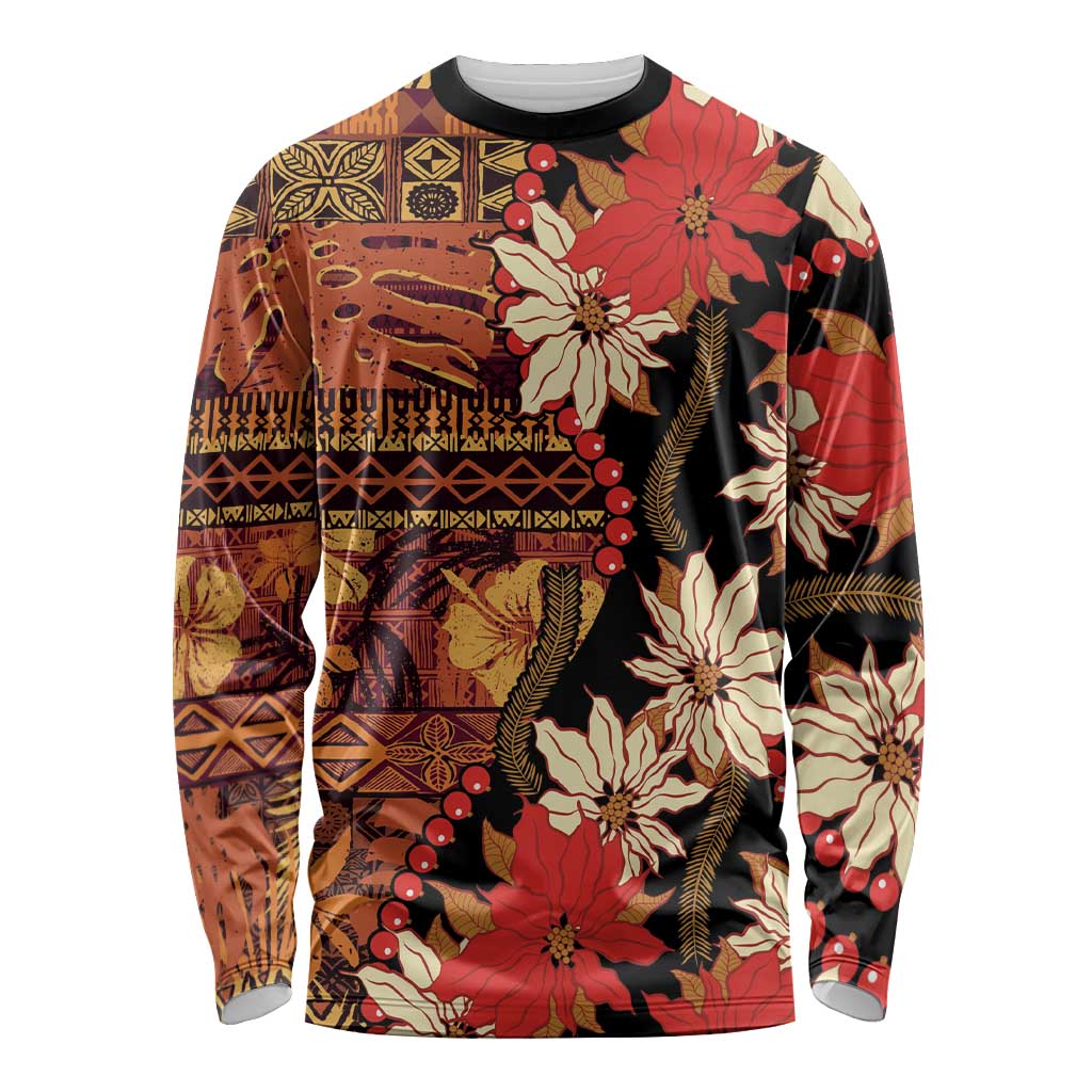 Hawaii Christmas Poinsettia Lei Long Sleeve Shirt Tapa Pattern LT01 Unisex Brown - Polynesian Pride