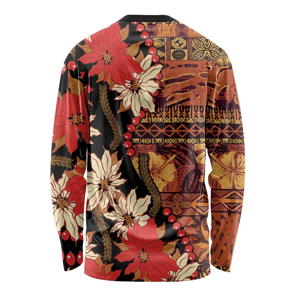 Hawaii Christmas Poinsettia Lei Long Sleeve Shirt Tapa Pattern LT01 - Polynesian Pride