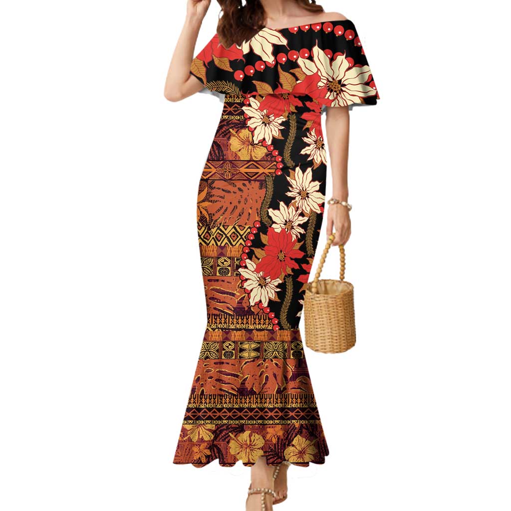 Hawaii Christmas Poinsettia Lei Mermaid Dress Tapa Pattern LT01 Women Brown - Polynesian Pride