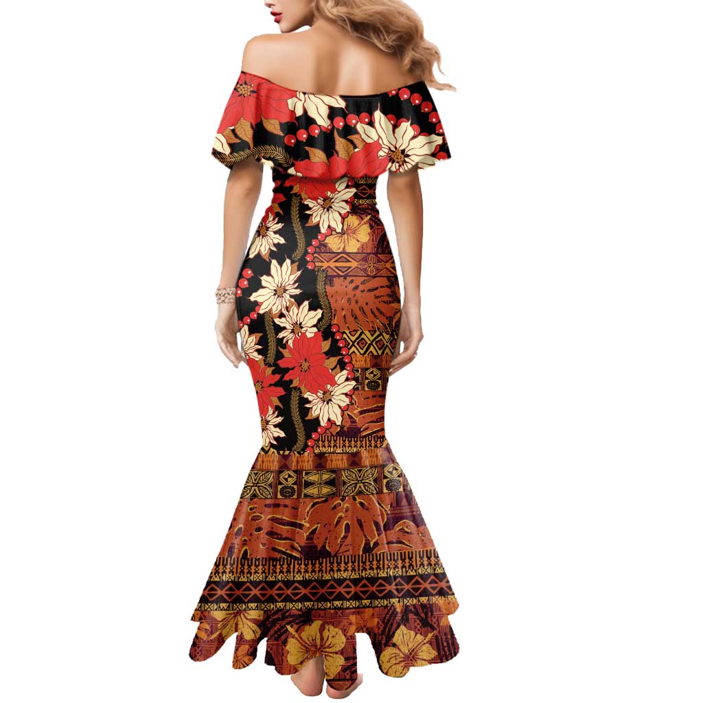 Hawaii Christmas Poinsettia Lei Mermaid Dress Tapa Pattern LT01 - Polynesian Pride