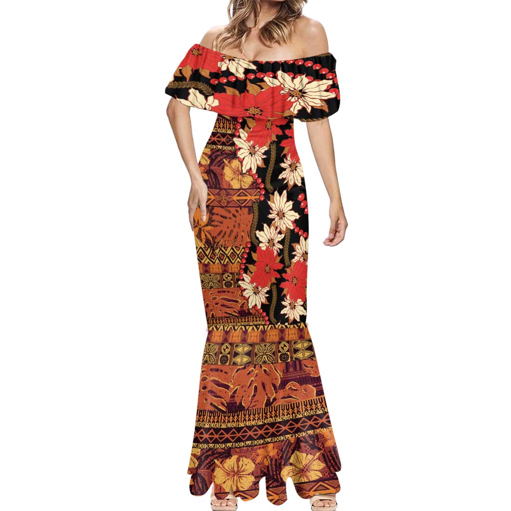 Hawaii Christmas Poinsettia Lei Mermaid Dress Tapa Pattern LT01 - Polynesian Pride