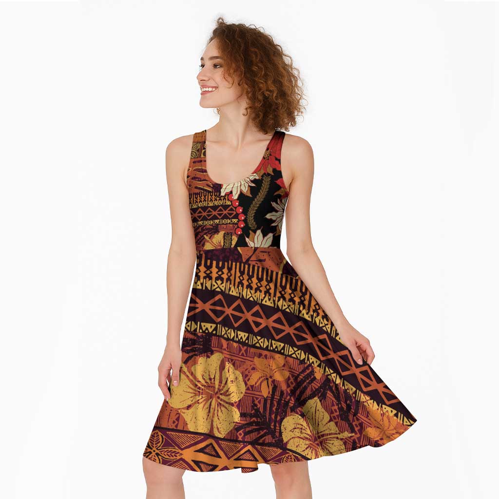 Hawaii Christmas Poinsettia Lei Midi Dress Tapa Pattern LT01 - Polynesian Pride
