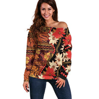 Hawaii Christmas Poinsettia Lei Off Shoulder Sweater Tapa Pattern LT01 Women Brown - Polynesian Pride