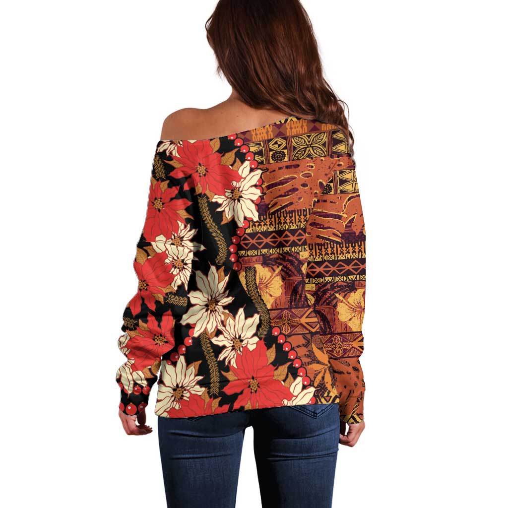 Hawaii Christmas Poinsettia Lei Off Shoulder Sweater Tapa Pattern LT01 - Polynesian Pride