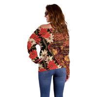 Hawaii Christmas Poinsettia Lei Off Shoulder Sweater Tapa Pattern LT01 - Polynesian Pride