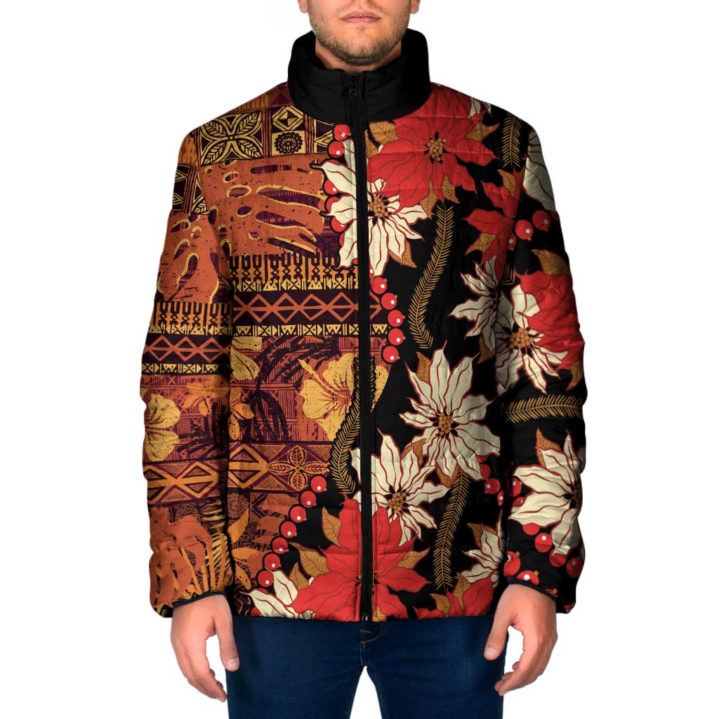 Hawaii Christmas Poinsettia Lei Padded Jacket Tapa Pattern LT01 Men Brown - Polynesian Pride