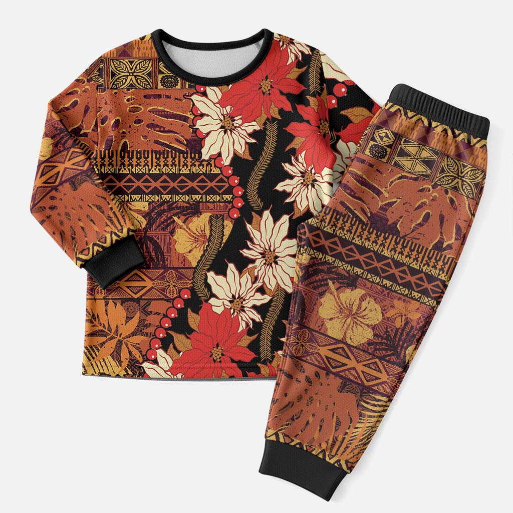 Hawaii Christmas Poinsettia Lei Christmas Pajama Set Tapa Pattern LT01 Men Brown - Polynesian Pride