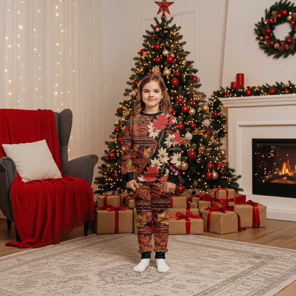 Hawaii Christmas Poinsettia Lei Christmas Pajama Set Tapa Pattern LT01 Kid Brown - Polynesian Pride