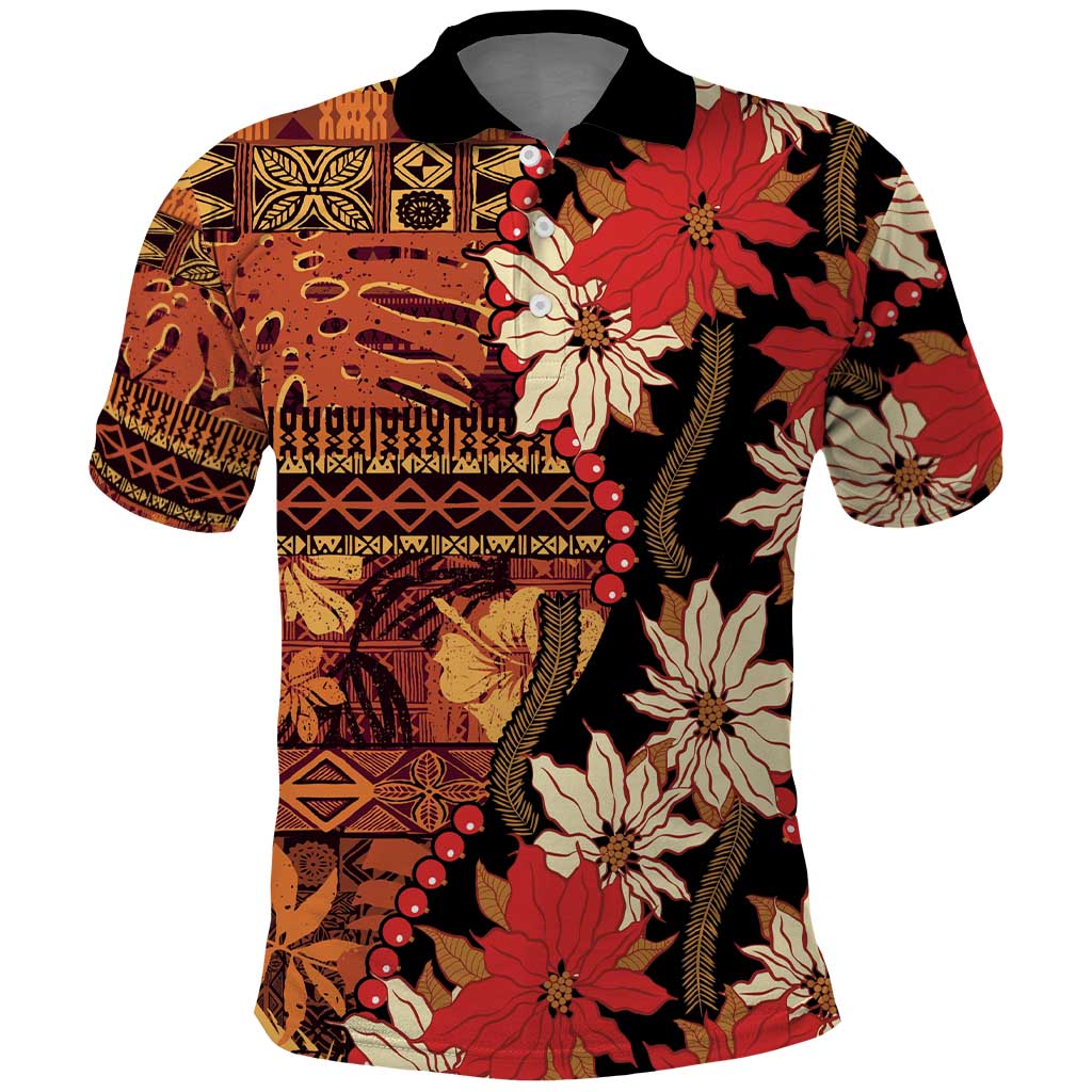 Hawaii Christmas Poinsettia Lei Polo Shirt Tapa Pattern LT01 Brown - Polynesian Pride