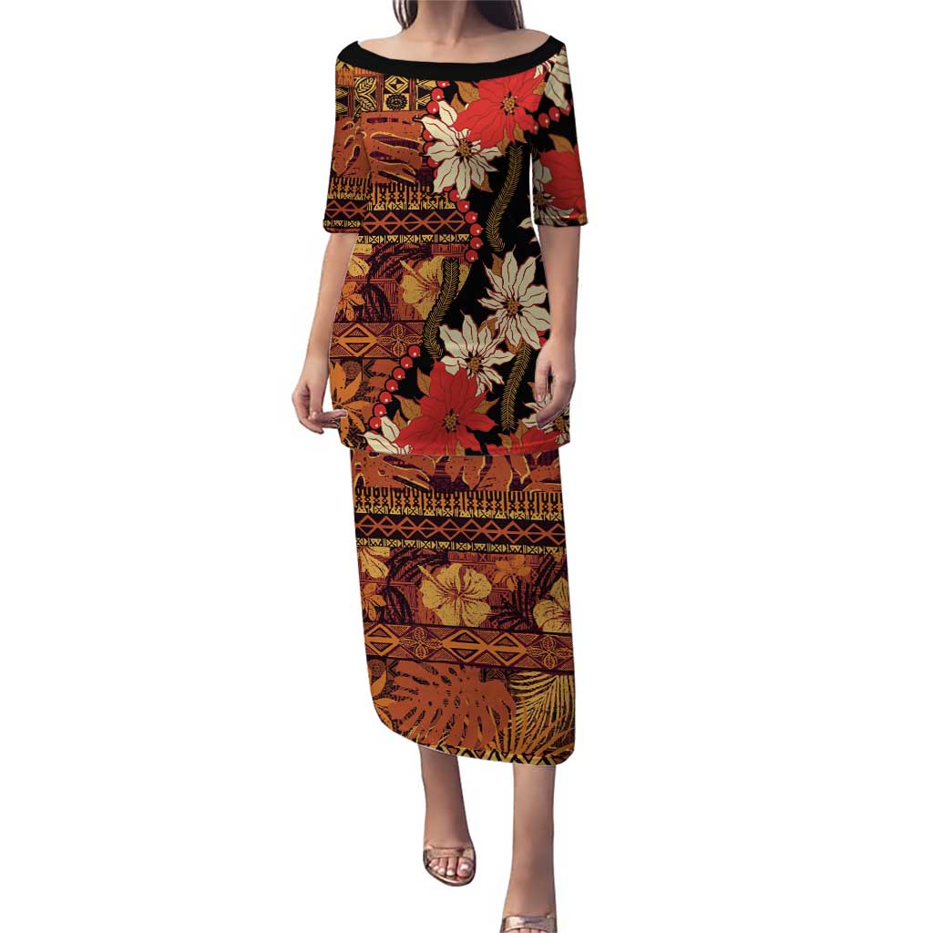 Hawaii Christmas Poinsettia Lei Puletasi Tapa Pattern LT01 Long Dress Brown - Polynesian Pride