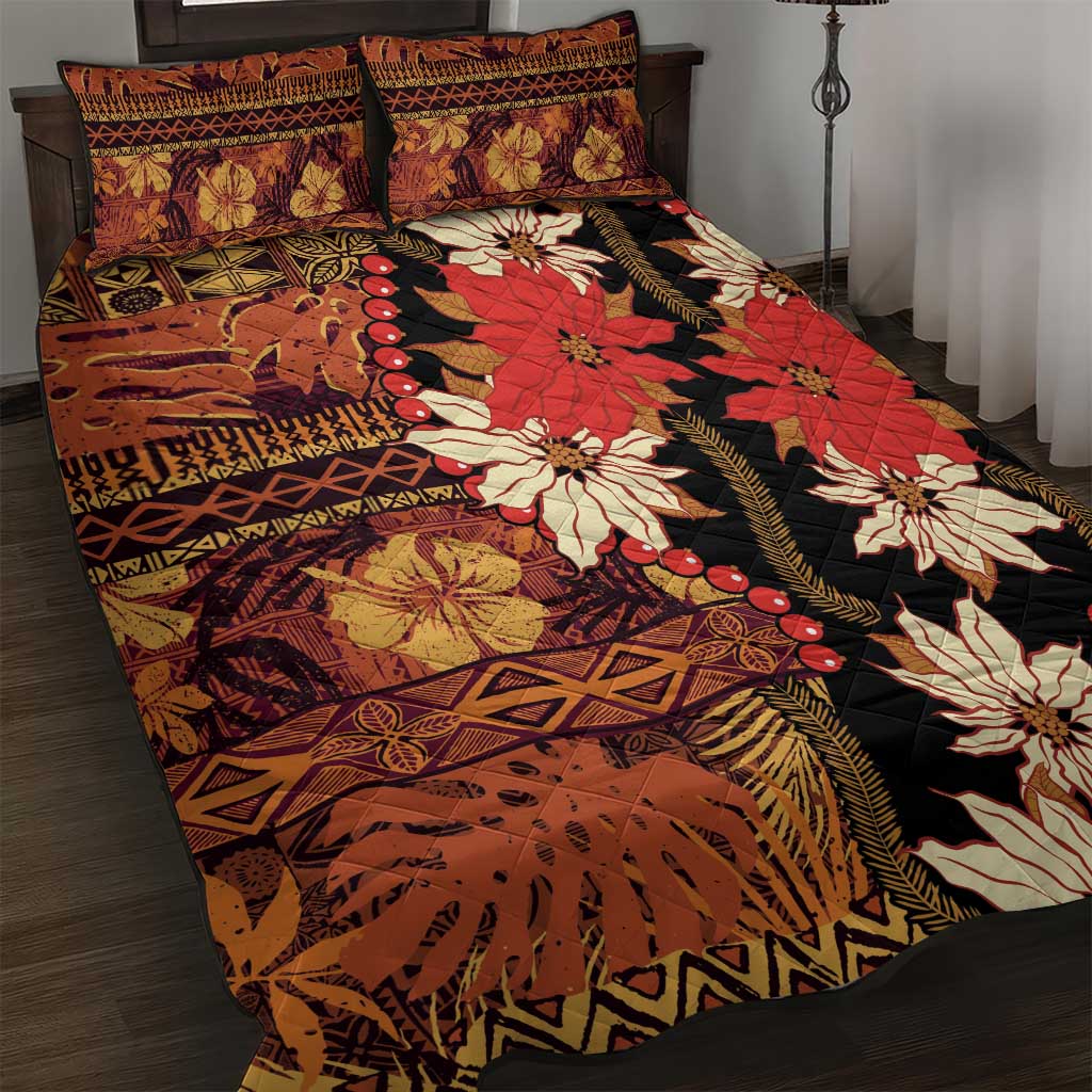 Hawaii Christmas Poinsettia Lei Quilt Bed Set Tapa Pattern LT01 Brown - Polynesian Pride