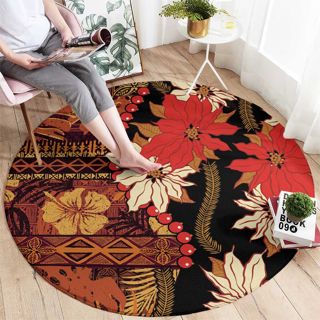Hawaii Christmas Poinsettia Lei Round Carpet Tapa Pattern LT01 - Polynesian Pride