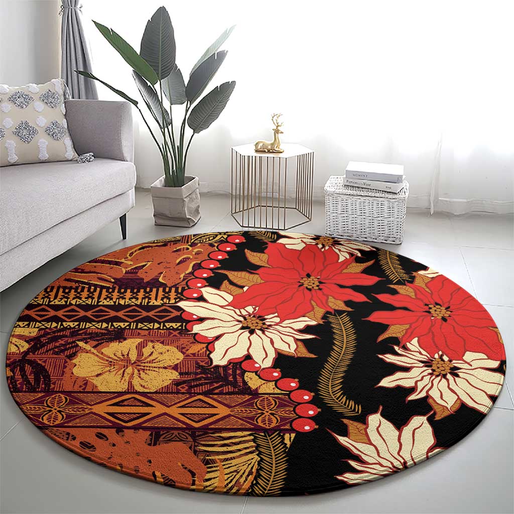 Hawaii Christmas Poinsettia Lei Round Carpet Tapa Pattern LT01 - Polynesian Pride
