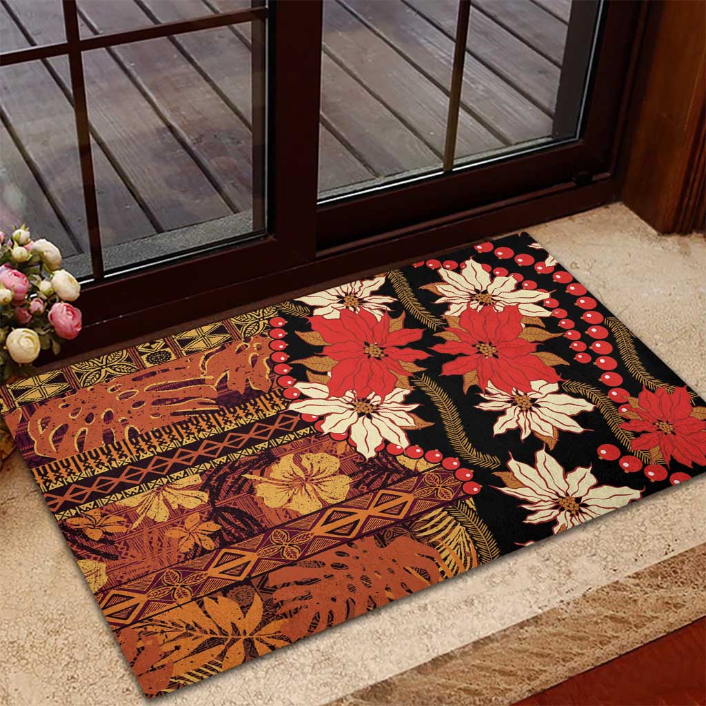 Hawaii Christmas Poinsettia Lei Rubber Doormat Tapa Pattern LT01 - Polynesian Pride