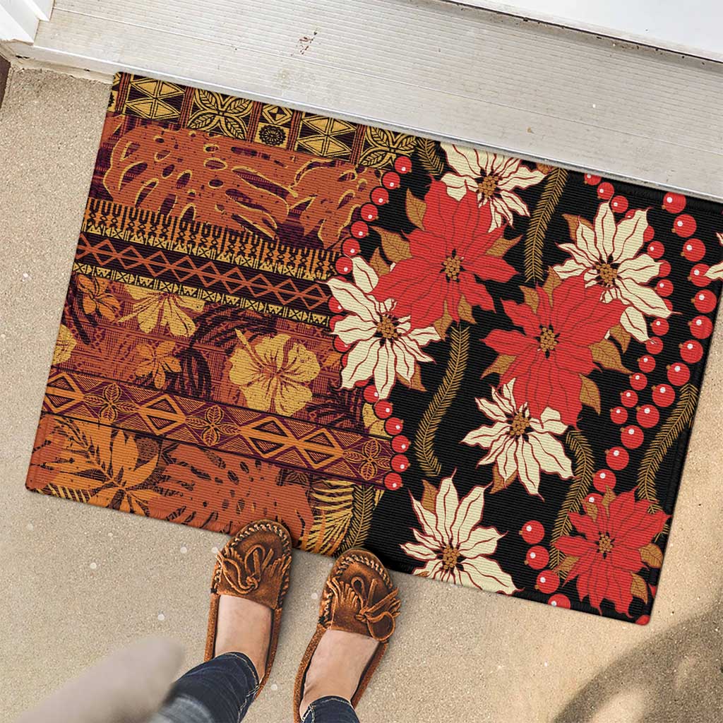 Hawaii Christmas Poinsettia Lei Rubber Doormat Tapa Pattern LT01 - Polynesian Pride