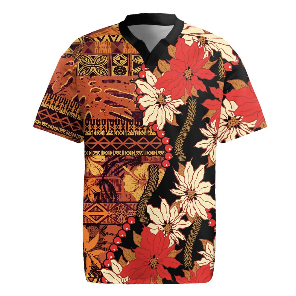 Hawaii Christmas Poinsettia Lei Rugby Jersey Tapa Pattern LT01 Brown - Polynesian Pride