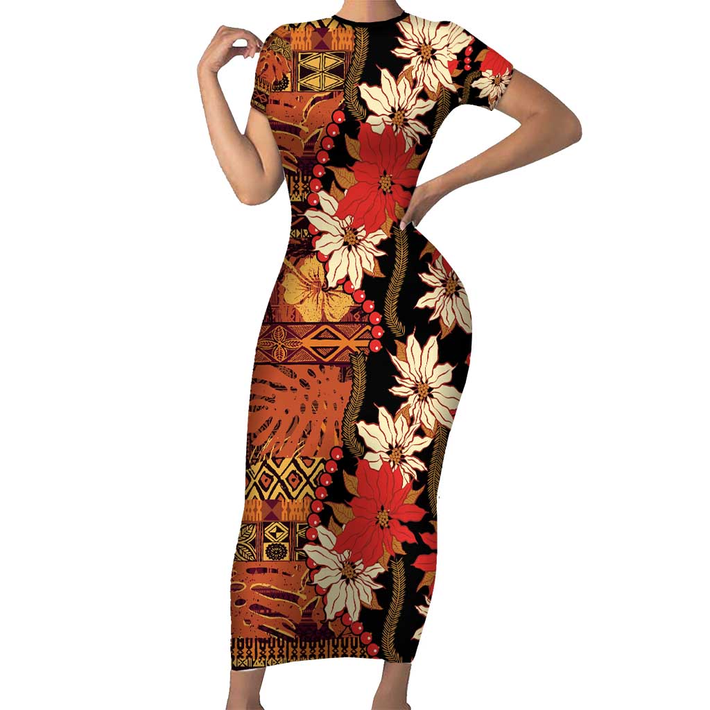 Hawaii Christmas Poinsettia Lei Short Sleeve Bodycon Dress Tapa Pattern LT01 Long Dress Brown - Polynesian Pride