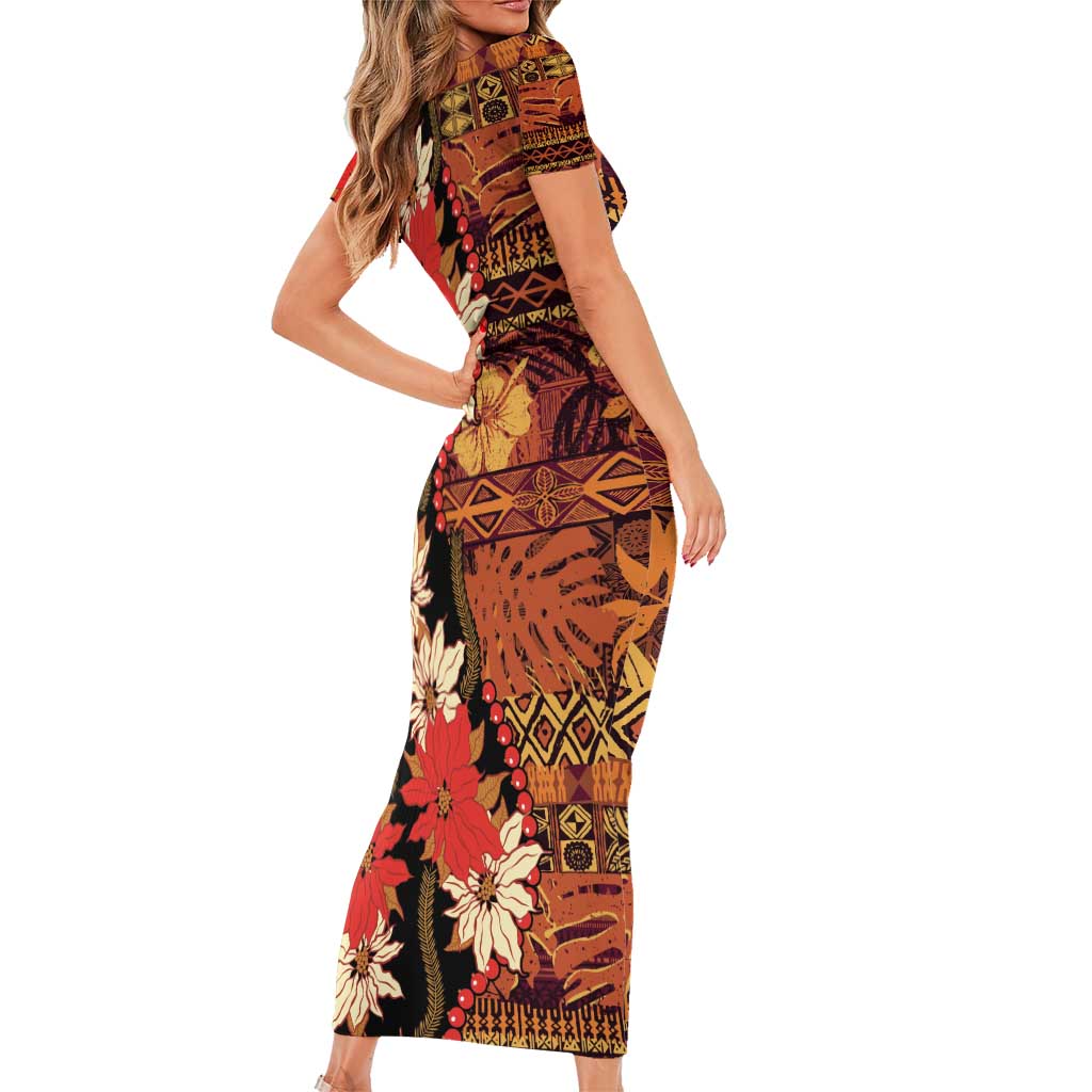 Hawaii Christmas Poinsettia Lei Short Sleeve Bodycon Dress Tapa Pattern LT01 - Polynesian Pride