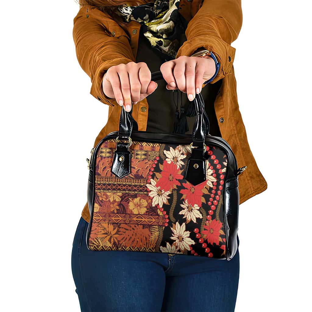 Hawaii Christmas Poinsettia Lei Shoulder Handbag Tapa Pattern LT01 One Size Brown - Polynesian Pride