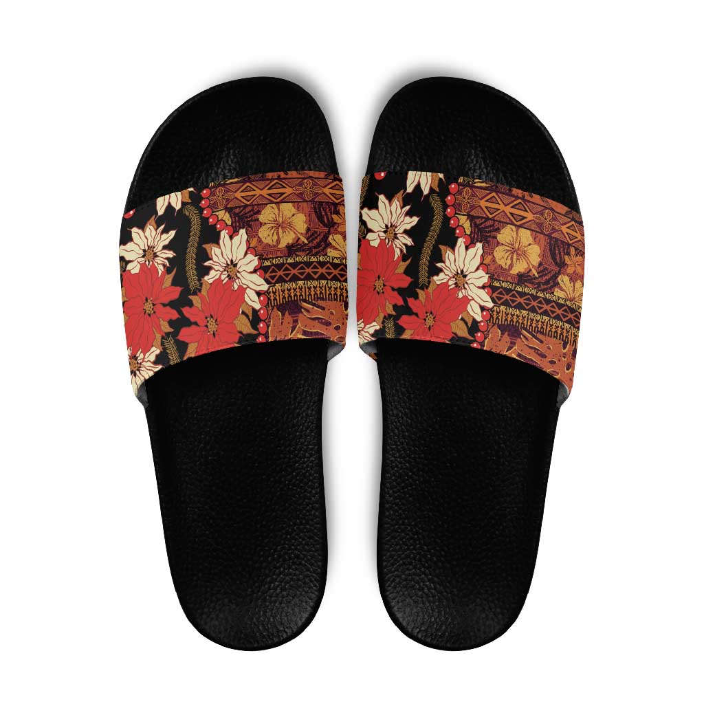 Hawaii Christmas Poinsettia Lei Slide Sandals Tapa Pattern LT01 Brown - Polynesian Pride