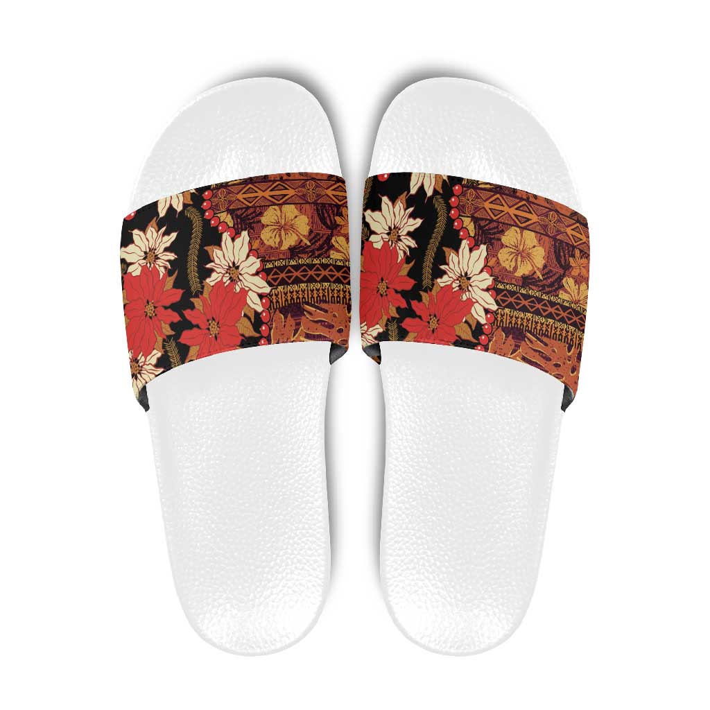 Hawaii Christmas Poinsettia Lei Slide Sandals Tapa Pattern LT01 Brown - Polynesian Pride