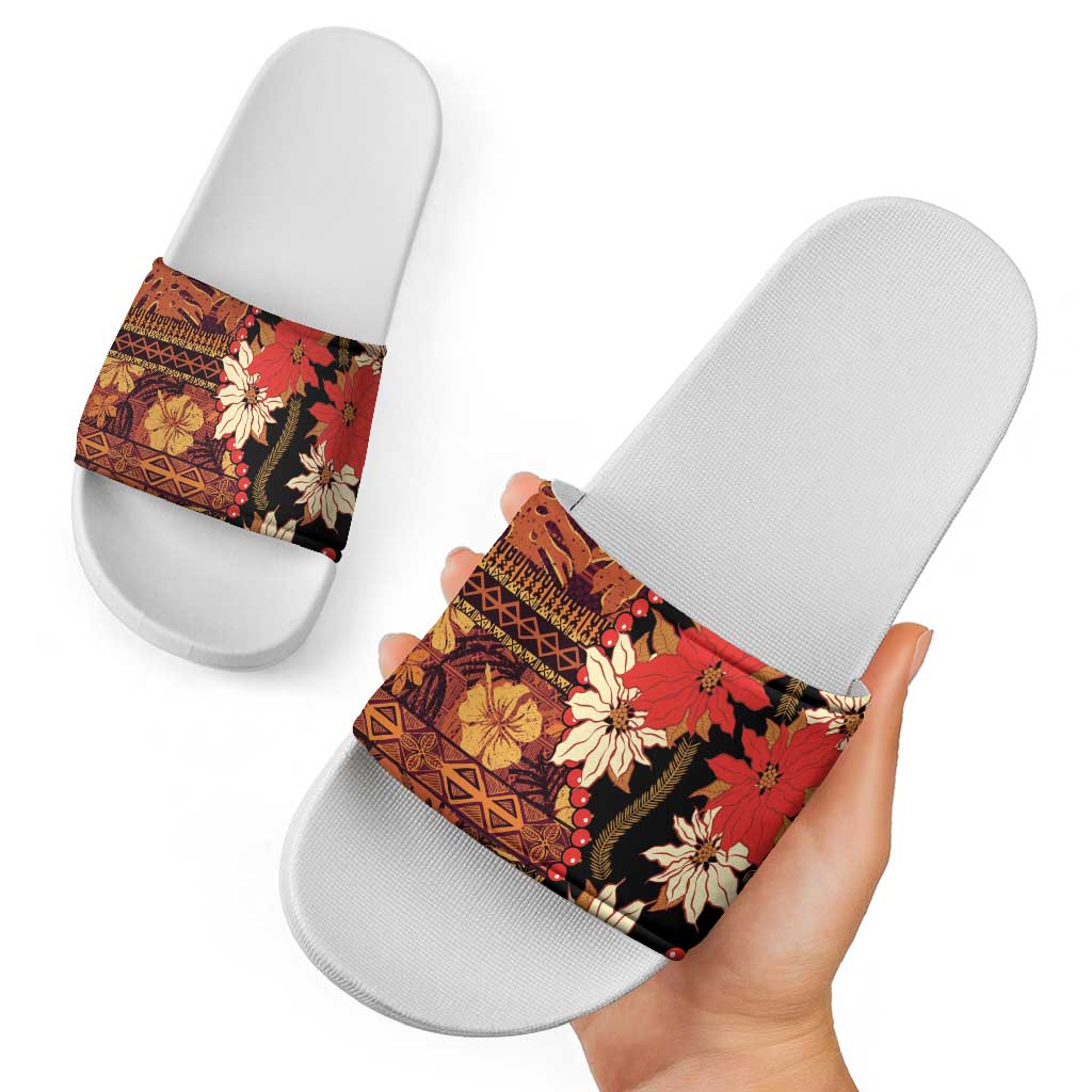 Hawaii Christmas Poinsettia Lei Slide Sandals Tapa Pattern LT01 - Polynesian Pride