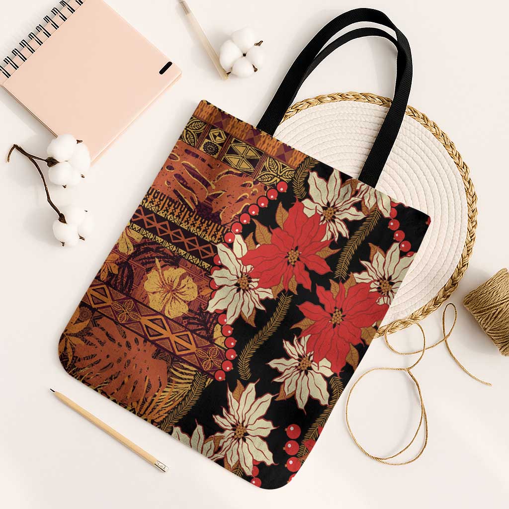 Hawaii Christmas Poinsettia Lei Tote Bag Tapa Pattern LT01 Black Strap One Size Brown - Polynesian Pride