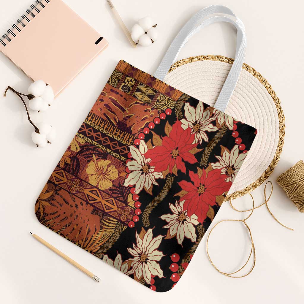 Hawaii Christmas Poinsettia Lei Tote Bag Tapa Pattern LT01 White Strap One Size Brown - Polynesian Pride