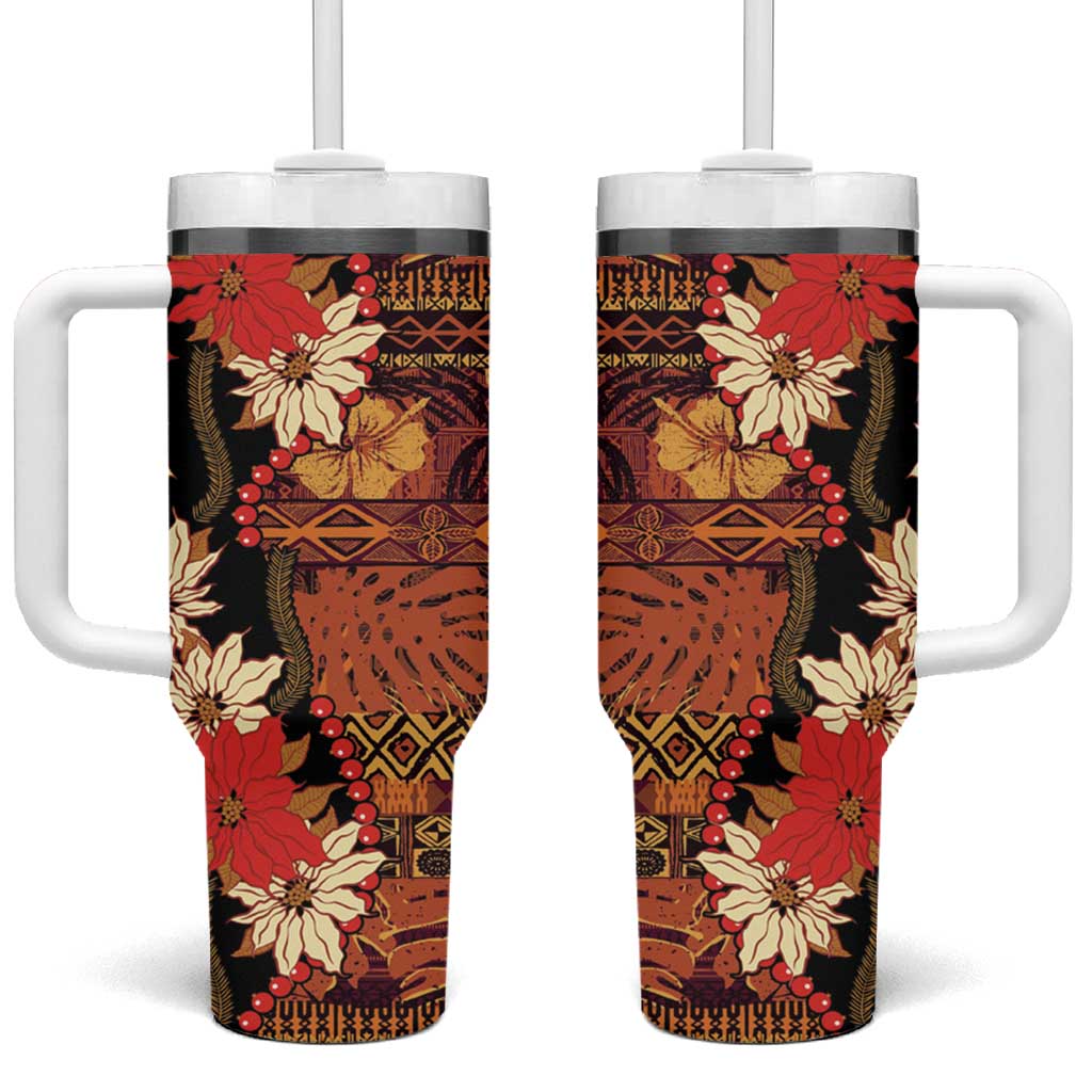 Hawaii Christmas Poinsettia Lei Tumbler With Handle Tapa Pattern LT01 One Size: 40 oz Brown - Polynesian Pride