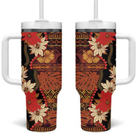 Hawaii Christmas Poinsettia Lei Tumbler With Handle Tapa Pattern LT01 One Size: 40 oz Brown - Polynesian Pride