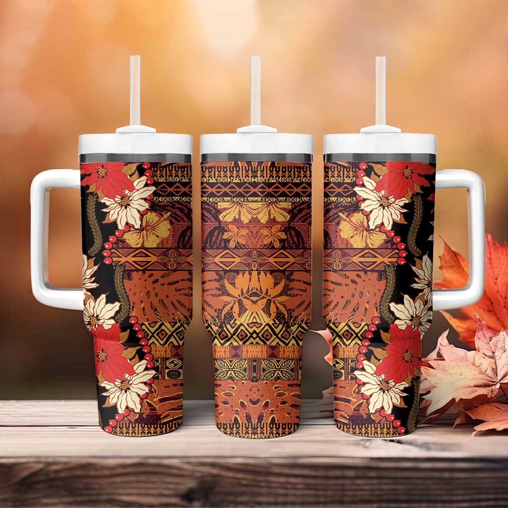 Hawaii Christmas Poinsettia Lei Tumbler With Handle Tapa Pattern LT01 - Polynesian Pride