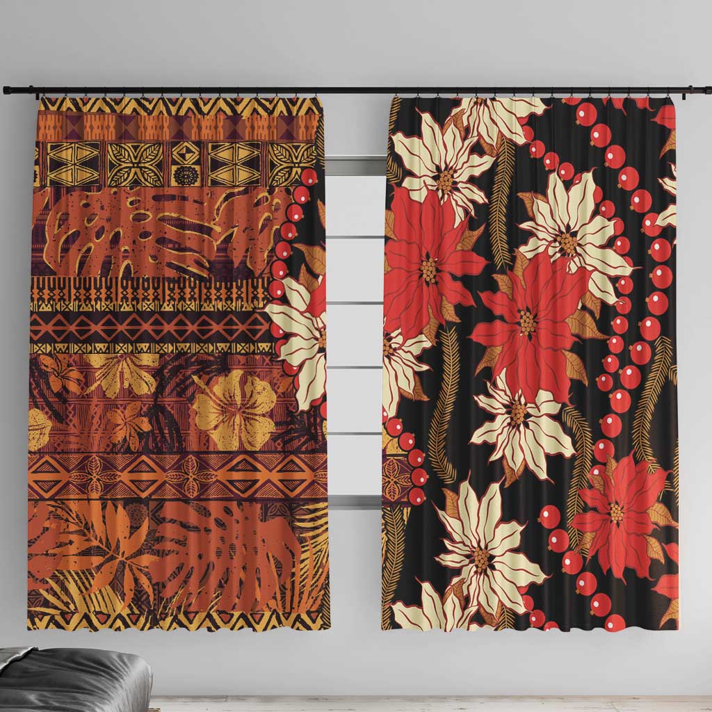 Hawaii Christmas Poinsettia Lei Window Curtain Tapa Pattern LT01 With Hooks Brown - Polynesian Pride