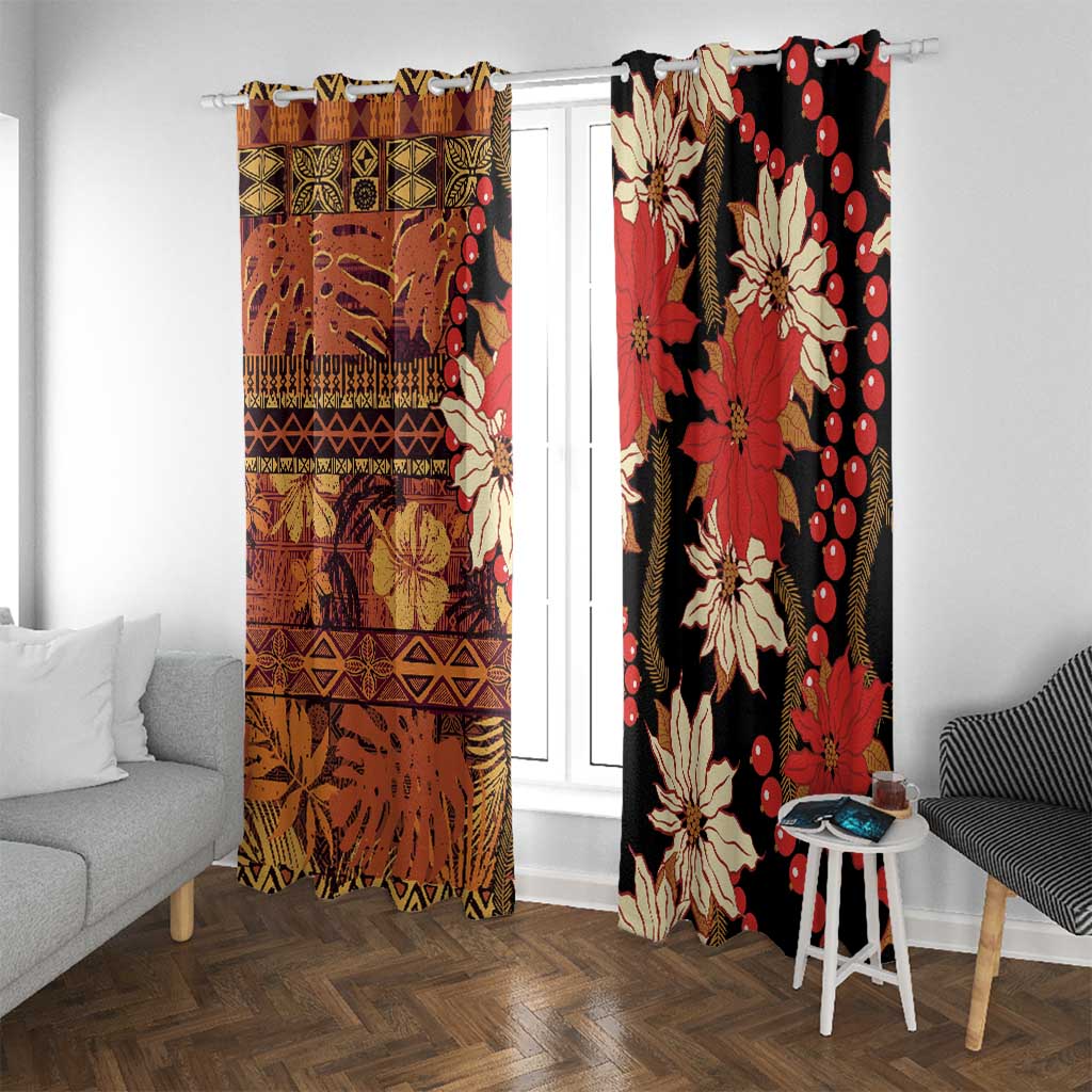 Hawaii Christmas Poinsettia Lei Window Curtain Tapa Pattern LT01 With Grommets Brown - Polynesian Pride