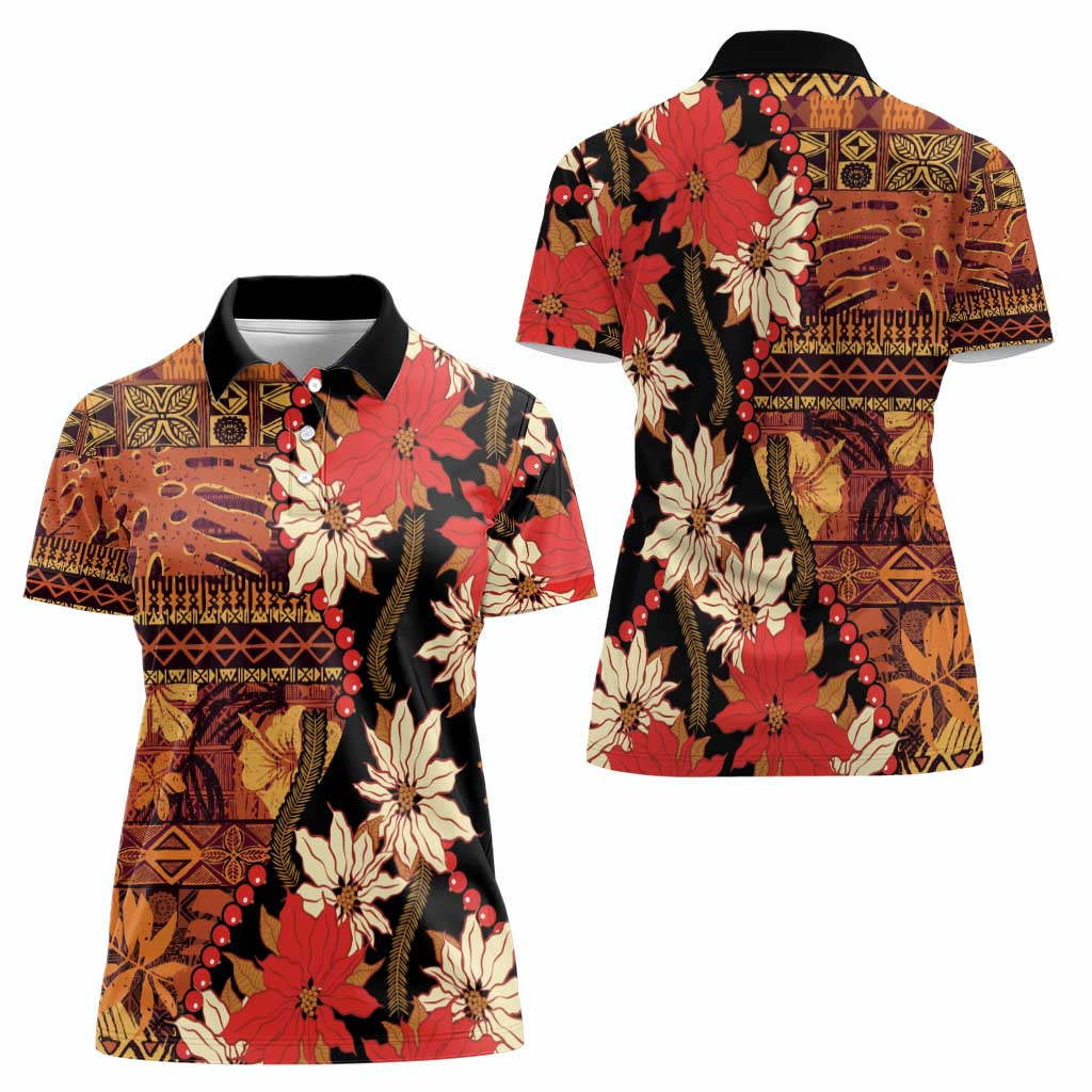 Hawaii Christmas Poinsettia Lei Women Polo Shirt Tapa Pattern LT01 - Polynesian Pride