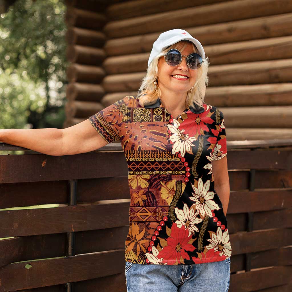 Hawaii Christmas Poinsettia Lei Women Polo Shirt Tapa Pattern LT01 - Polynesian Pride