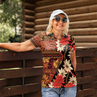 Hawaii Christmas Poinsettia Lei Women Polo Shirt Tapa Pattern LT01 - Polynesian Pride