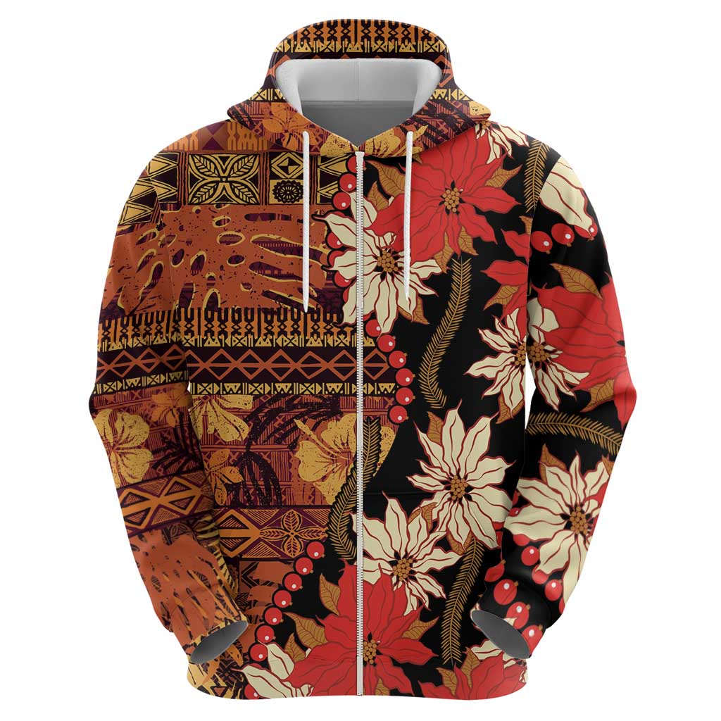 Hawaii Christmas Poinsettia Lei Zip Hoodie Tapa Pattern LT01 - Polynesian Pride